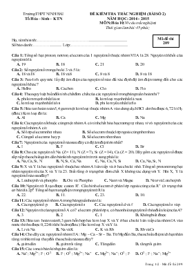 Đề 1 kiểm tra trắc nghiệm (bài số 2) năm học  2014 - 2015 môn Hóa 10 (30 câu trắc nghiệm)